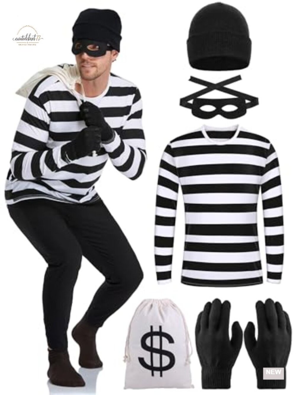 Halloween Robber Costume Set Striped Tee Beanie Gloves Canvas Bag Eye Mask